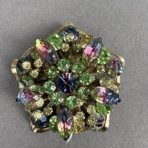 Vintage Estate Watermelon Vitrail Rhinestone Floral Brooch Pin Layered Domed